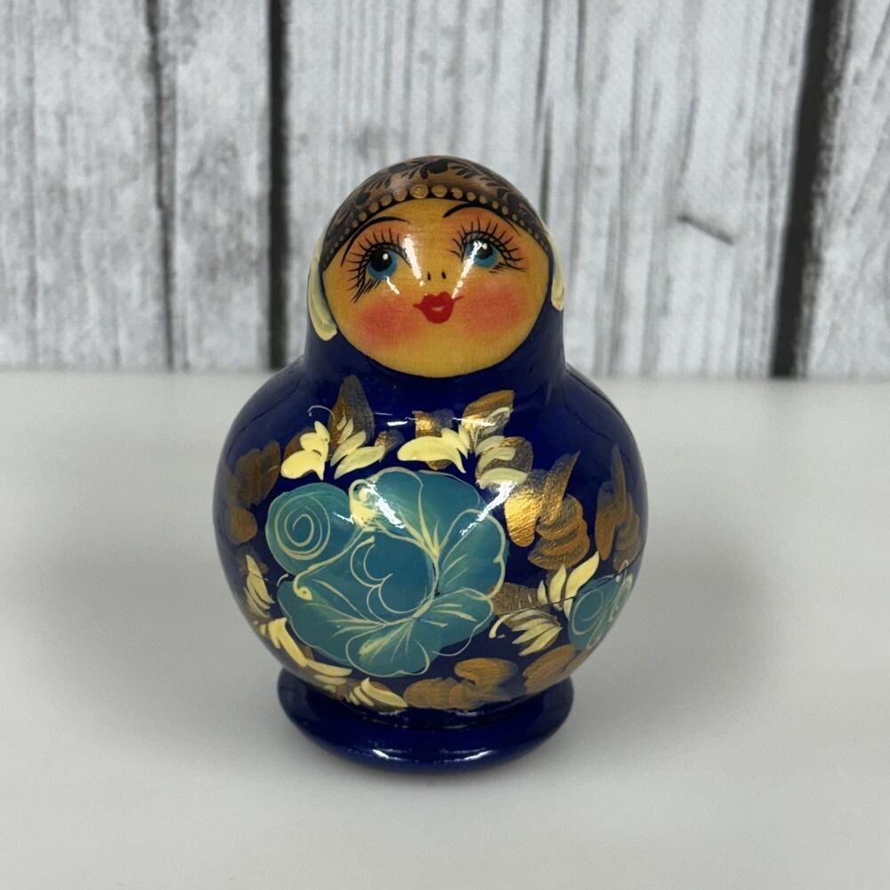 Russian Nesting Dolls 5pc Blue Hand Painted Wood Matryoshka Set Vintage 3"